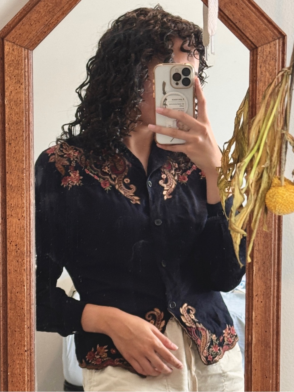 Vintage Black Quarter Sleeve Floral Embroidered Blouse
